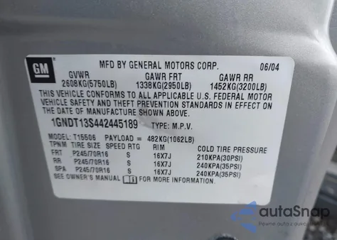 2004 Chevrolet Trailblazer Ls из США, поврежденный, VIN 1GNDT13S442445189